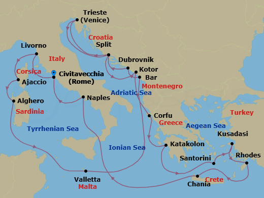 21 Night - The Best of the Mediterranean - Enchanted Princess - Starting in Civitavecchia (for Rome), Italy, Livorno (for Florence / Pisa), Italy, Corsica (Ajaccio), France, Sardinia (Alghero), Italy, Valletta, Malta, Montenegro, Dubrovnik, Croatia, Split, Croatia, Trieste (for Venice), Italy, Split, Croatia, Kotor, Montenegro, Corfu, Greece, Katakolon (for Olympia), Greece, Santorini, Greece, Kusadasi, Turkey (for Ephesus), Rhodes, Greece, Crete (Chania), Greece, Naples, Italy (for Capri and Pompeii), Civitavecchia (for Rome), Italy itinerary map