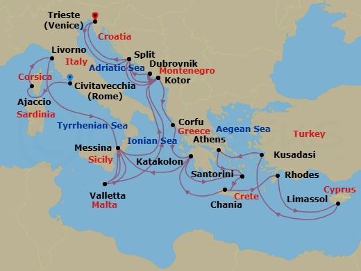 31 Night - The Best of the Mediterranean - Enchanted Princess - Starting in Civitavecchia (for Rome), Italy, Corsica (Ajaccio), France, Livorno (for Florence / Pisa), Italy, Valletta, Malta, Sicily (Messina), Italy, Kotor, Montenegro, Dubrovnik, Croatia, Split, Croatia, Trieste (for Venice), Italy, Split, Croatia, Kotor, Montenegro, Corfu, Greece, Katakolon (for Olympia), Greece, Santorini, Greece, Crete (Chania), Greece, Rhodes, Greece, Limassol, Cyprus, Kusadasi, Turkey (for Ephesus), Athens (Piraeus), Greece, Santorini, Greece, Crete (Chania), Greece, Katakolon (for Olympia), Greece, Sicily (Messina), Italy, Valletta, Malta, Dubrovnik, Croatia, Kotor, Montenegro, Split, Croatia, Trieste (for Venice), Italy itinerary map