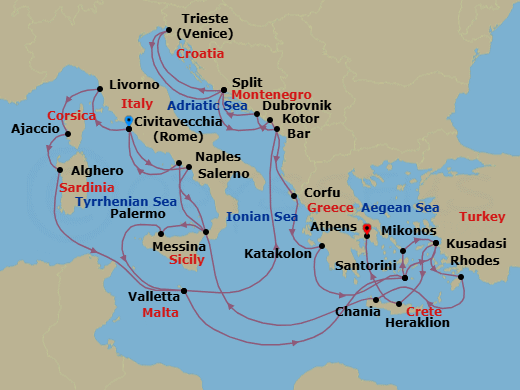 31 Night - The Best of the Mediterranean - Enchanted Princess - Starting in Civitavecchia (for Rome), Italy, Livorno (for Florence / Pisa), Italy, Corsica (Ajaccio), France, Sardinia (Alghero), Italy, Valletta, Malta, Montenegro, Dubrovnik, Croatia, Split, Croatia, Trieste (for Venice), Italy, Split, Croatia, Kotor, Montenegro, Corfu, Greece, Katakolon (for Olympia), Greece, Santorini, Greece, Kusadasi, Turkey (for Ephesus), Rhodes, Greece, Crete (Chania), Greece, Naples, Italy (for Capri and Pompeii), Civitavecchia (for Rome), Italy, Amalfi Coast (Salerno), Sicily (Messina), Italy, Sicily (Palermo), Italy, Valletta, Malta, Santorini, Greece, Mykonos, Greece, Kusadasi, Turkey (for Ephesus), Crete (Heraklion), Greece, Athens (Piraeus), Greece itinerary map