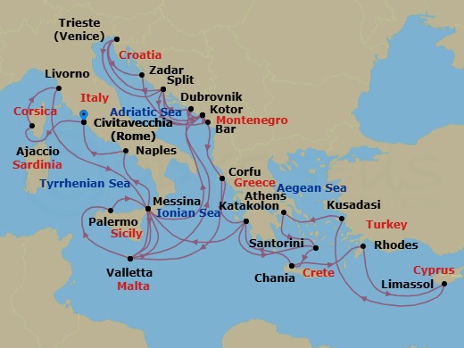 42 Night - The Best of the Mediterranean - Enchanted Princess - Starting in Civitavecchia (for Rome), Italy, Corsica (Ajaccio), France, Livorno (for Florence / Pisa), Italy, Valletta, Malta, Sicily (Messina), Italy, Kotor, Montenegro, Dubrovnik, Croatia, Split, Croatia, Trieste (for Venice), Italy, Split, Croatia, Kotor, Montenegro, Corfu, Greece, Katakolon (for Olympia), Greece, Santorini, Greece, Crete (Chania), Greece, Rhodes, Greece, Limassol, Cyprus, Kusadasi, Turkey (for Ephesus), Athens (Piraeus), Greece, Santorini, Greece, Crete (Chania), Greece, Katakolon (for Olympia), Greece, Sicily (Messina), Italy, Valletta, Malta, Dubrovnik, Croatia, Kotor, Montenegro, Split, Croatia, Trieste (for Venice), Italy, Zadar, Croatia, Montenegro, Kotor, Montenegro, Corfu, Greece, Valletta, Malta, Sicily (Palermo), Italy, Sicily (Messina), Italy, Naples, Italy (for Capri and Pompeii), Civitavecchia (for Rome), Italy itinerary map