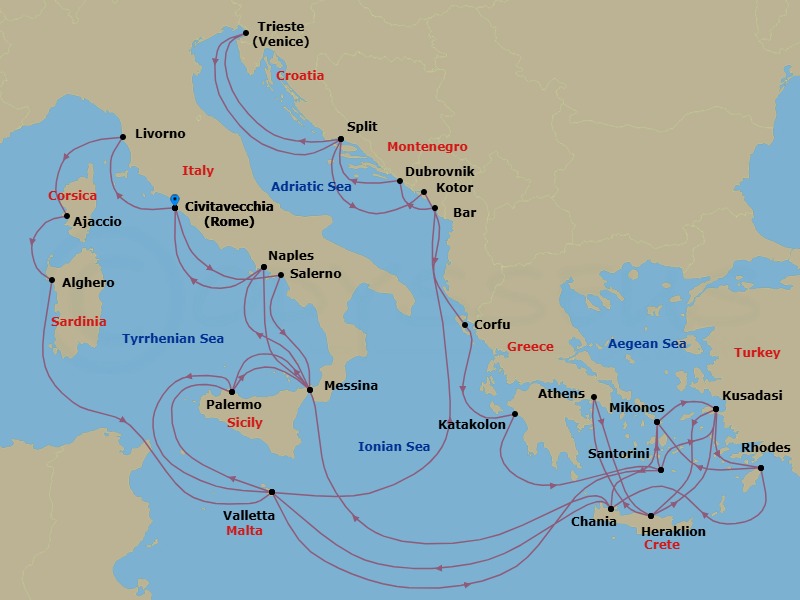 42 Night - The Best of the Mediterranean - Enchanted Princess - Starting in Civitavecchia (for Rome), Italy, Livorno (for Florence / Pisa), Italy, Corsica (Ajaccio), France, Sardinia (Alghero), Italy, Valletta, Malta, Montenegro, Dubrovnik, Croatia, Split, Croatia, Trieste (for Venice), Italy, Split, Croatia, Kotor, Montenegro, Corfu, Greece, Katakolon (for Olympia), Greece, Santorini, Greece, Kusadasi, Turkey (for Ephesus), Rhodes, Greece, Crete (Chania), Greece, Naples, Italy (for Capri and Pompeii), Civitavecchia (for Rome), Italy, Amalfi Coast (Salerno), Sicily (Messina), Italy, Sicily (Palermo), Italy, Valletta, Malta, Santorini, Greece, Mykonos, Greece, Kusadasi, Turkey (for Ephesus), Crete (Heraklion), Greece, Athens (Piraeus), Greece, Crete (Heraklion), Greece, Kusadasi, Turkey (for Ephesus), Rhodes, Greece, Mykonos, Greece, Crete (Chania), Greece, Valletta, Malta, Sicily (Palermo), Italy, Sicily (Messina), Italy, Naples, Italy (for Capri and Pompeii), Civitavecchia (for Rome), Italy itinerary map