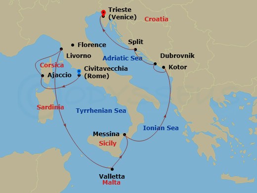 10 Night - Mediterranean with Italy & Croatia - Enchanted Princess - Starting in Civitavecchia (for Rome), Italy, Corsica (Ajaccio), France, Livorno (for Florence / Pisa), Italy, Valletta, Malta, Sicily (Messina), Italy, Kotor, Montenegro, Dubrovnik, Croatia, Split, Croatia, Trieste (for Venice), Italy itinerary map