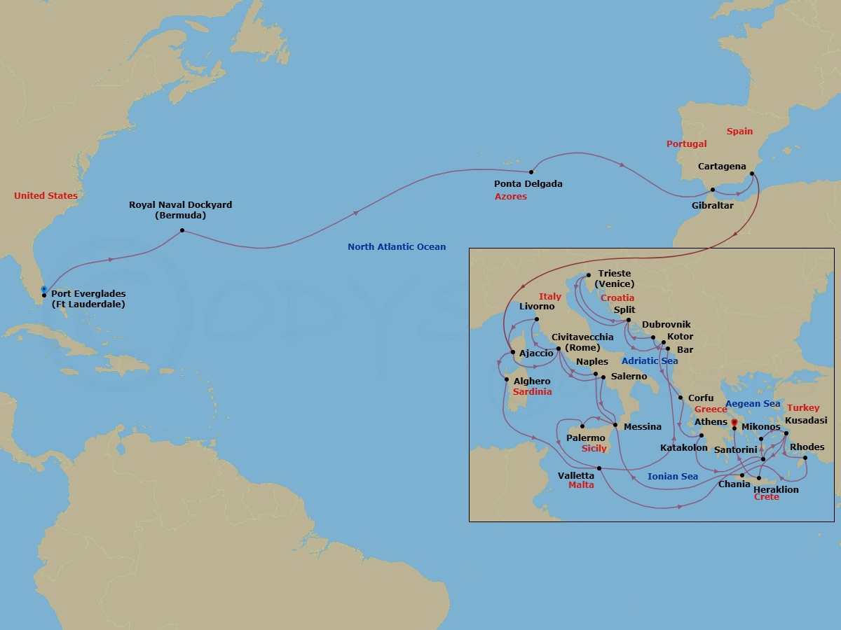 46 Night - Mediterranean & Greek Isles Grand Adventure - Enchanted Princess - Starting in Fort Lauderdale, Florida, Bermuda, Azores Islands (Ponta Delgada), Portugal, Gibraltar, Cartagena ES, Corsica (Ajaccio), France, Civitavecchia (for Rome), Italy, Livorno (for Florence / Pisa), Italy, Corsica (Ajaccio), France, Sardinia (Alghero), Italy, Valletta, Malta, Montenegro, Dubrovnik, Croatia, Split, Croatia, Trieste (for Venice), Italy, Split, Croatia, Kotor, Montenegro, Corfu, Greece, Katakolon (for Olympia), Greece, Santorini, Greece, Kusadasi, Turkey (for Ephesus), Rhodes, Greece, Crete (Chania), Greece, Naples, Italy (for Capri and Pompeii), Civitavecchia (for Rome), Italy, Amalfi Coast (Salerno), Sicily (Messina), Italy, Sicily (Palermo), Italy, Valletta, Malta, Santorini, Greece, Mykonos, Greece, Kusadasi, Turkey (for Ephesus), Crete (Heraklion), Greece, Athens (Piraeus), Greece itinerary map