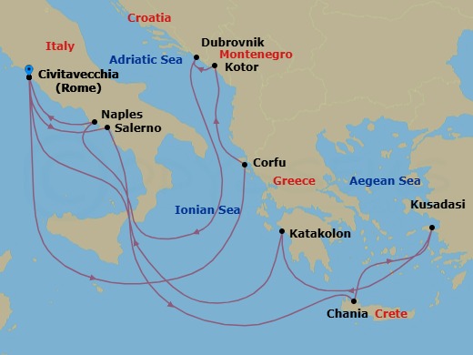 14 Night - Mediterranean, Aegean & Adriatic - Enchanted Princess - Starting in Civitavecchia (for Rome), Italy, Amalfi Coast (Salerno), Crete (Chania), Greece, Kusadasi, Turkey (for Ephesus), Katakolon (for Olympia), Greece, Civitavecchia (for Rome), Italy, Corfu, Greece, Kotor, Montenegro, Dubrovnik, Croatia, Naples, Italy (for Capri and Pompeii), Civitavecchia (for Rome), Italy itinerary map