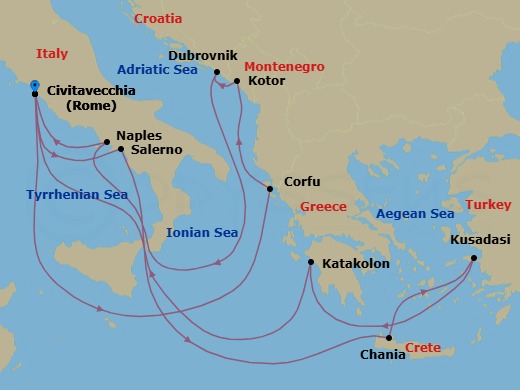 14 Night - Mediterranean, Aegean & Adriatic - Enchanted Princess - Starting in Civitavecchia (for Rome), Italy, Corfu, Greece, Kotor, Montenegro, Dubrovnik, Croatia, Naples, Italy (for Capri and Pompeii), Civitavecchia (for Rome), Italy, Amalfi Coast (Salerno), Crete (Chania), Greece, Kusadasi, Turkey (for Ephesus), Katakolon (for Olympia), Greece, Civitavecchia (for Rome), Italy itinerary map