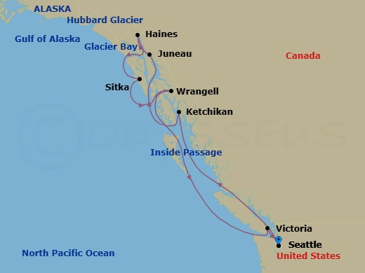 11 Night - Alaska Roundtrip from Seattle - Queen Elizabeth - Starting in Seattle, WA, Ketchikan, AK, Juneau, AK, Glacier Bay, AK, (Scenic Cruising), Haines, AK, Hubbard Glacier, AK, (Scenic Cruising), Sitka, AK, Wrangell, AK, Victoria CA, Canada, Seattle, WA itinerary map