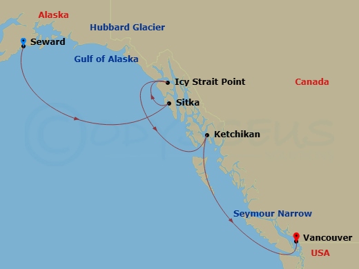 6 Night - Alaska from Seward to Vancouver - Crystal Symphony - Starting in Seward, Cruise Hubbard Glacier, Alaska, Sitka, Alaska, Icy Strait Point, Alaska, Ketchikan, Seymour Narrows, British Columbia, Vancouver itinerary map
