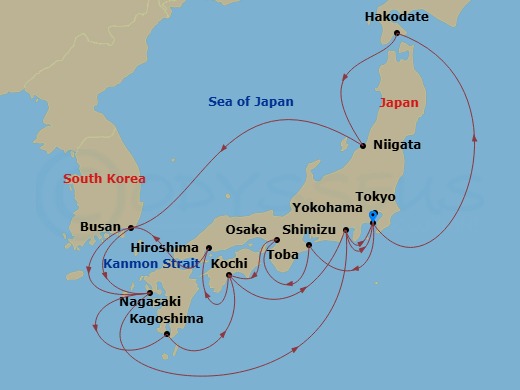 20 Night - Grand Japan - Diamond Princess - Starting in Tokyo (Yokohama), Japan, Toba, Japan, Osaka (for Kyoto), Japan, Kochi, Japan, Hiroshima, Japan, Kanmon Straits, Japan, Busan, South Korea, Nagasaki, Japan, Shimizu (for Mount Fuji), Japan, Tokyo (Yokohama), Japan, Hakodate, Japan, Niigata, Japan, Busan, South Korea, Nagasaki, Japan, Kagoshima, Japan, Kochi, Japan, Shimizu (for Mount Fuji), Japan, Tokyo (Yokohama), Japan itinerary map