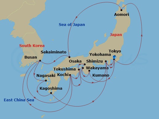 21 Night - Grand Circle Japan with Nebuta & Summer Festivals - Diamond Princess - Starting in Tokyo (Yokohama), Japan, Aomori, Japan, Sakaiminato, Japan, Busan, South Korea, Kochi, Japan, Tokushima, Japan, Osaka (for Kyoto), Japan, Shimizu (for Mount Fuji), Japan, Tokyo (Yokohama), Japan, Kumano, Japan, Wakayama, Japan, Kochi, Japan, Busan, South Korea, Nagasaki, Japan, Kagoshima, Japan, Shimizu (for Mount Fuji), Japan, Tokyo (Yokohama), Japan itinerary map