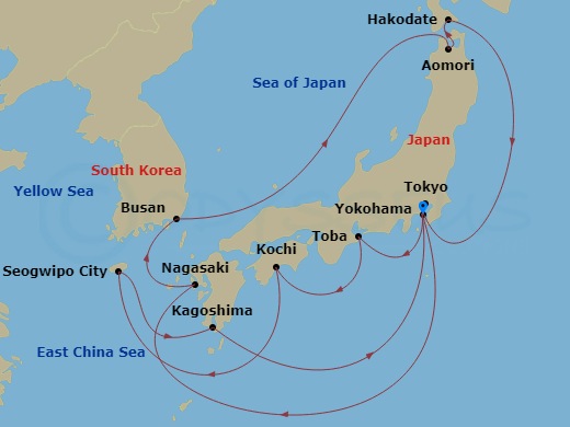 15 Night - Grand Japan with Nebuta & Summer Festivals - Diamond Princess - Starting in Tokyo (Yokohama), Japan, Toba, Japan, Kochi, Japan, Jeju (Seogwipo), South Korea, Kagoshima, Japan, Tokyo (Yokohama), Japan, Nagasaki, Japan, Busan, South Korea, Aomori, Japan, Hakodate, Japan, Tokyo (Yokohama), Japan itinerary map