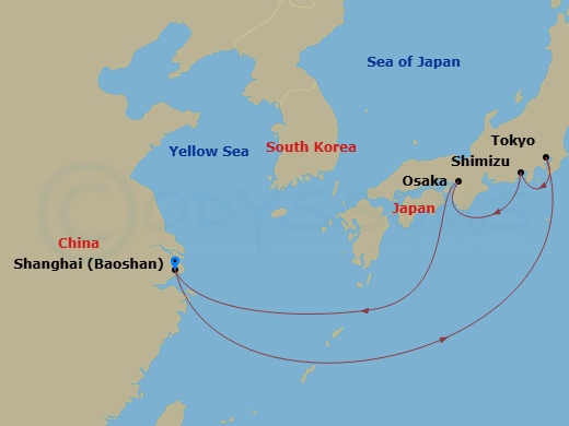 8 Night - Tokyo, Mt Fuji & Osaka Cruise - Spectrum of the Seas - Starting in Shanghai (Baoshan), China, Tokyo, Japan, Mount Fuji (Shimizu), Japan, Osaka, Japan, Shanghai (Baoshan), China itinerary map