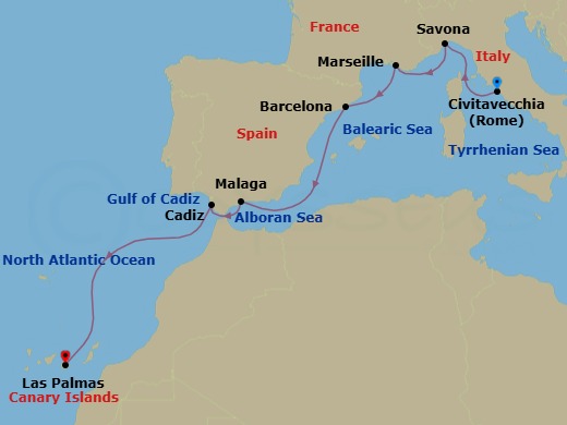 8 Night - Transatlantic from Civitavecchia (Rome) - Costa Smeralda - Starting in Civitavecchia (Rome), Savona, Marseille, Barcelona, Malaga, Cadiz, Las Palmas (Gran Canaria) itinerary map