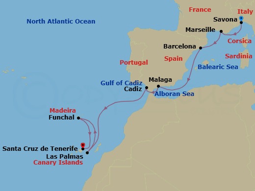 10 Night - Western Mediterranean from Savona to Santa Cruz de Tenerife - Costa Smeralda - Starting in Savona, Marseille, Barcelona, Malaga, Cadiz, Las Palmas (Gran Canaria), Funchal (Madeira), Santa Cruz de Tenerife itinerary map