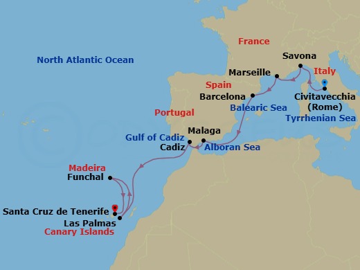 11 Night - Western Mediterranean from Rome (Civitavecchia) to Santa Cruz de Tenerife - Costa Smeralda - Starting in Civitavecchia (Rome), Savona, Marseille, Barcelona, Malaga, Cadiz, Las Palmas (Gran Canaria), Funchal (Madeira), Santa Cruz de Tenerife itinerary map