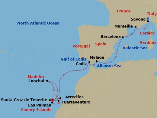 14 Night - Western Mediterranean from Savona to Las Palmas - Costa Smeralda - Starting in Savona, Marseille, Barcelona, Malaga, Cadiz, Las Palmas (Gran Canaria), Funchal (Madeira), Santa Cruz de Tenerife, Port Rosario (Fuerteventura), Arrecife (Lanzarote), Las Palmas (Gran Canaria) itinerary map