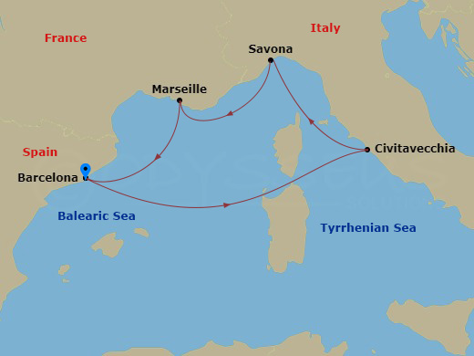 5 Night - Western Mediterranean from Barcelona - Costa Smeralda - Starting in Barcelona, Civitavecchia (Rome), Savona, Marseille, Barcelona itinerary map