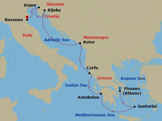 7 Night - Europe - Norwegian Gem - Starting in Piraeus / Athens, Greece, Santorini Island, Greece, Olympia / Katakolon, Greece, Corfu, Greece, Kotor, Montenegro, Rijeka, Croatia, Koper, Slovenia, Venice (Ravenna), Italy itinerary map