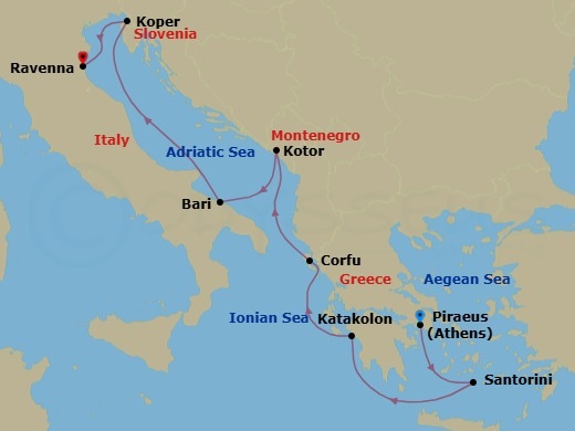 7 Night - Europe - Norwegian Gem - Starting in Piraeus / Athens, Greece, Santorini Island, Greece, Olympia / Katakolon, Greece, Corfu, Greece, Kotor, Montenegro, Bari, Italy, Koper, Slovenia, Venice (Ravenna), Italy itinerary map