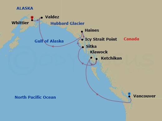 10 Night - Vancouver / Whittier - Luminara - Starting in Vancouver, Klawock, Ketchikan, Sitka, Icy Strait Point, Haines, Hubbard Glacier, Valdez, Whittier itinerary map