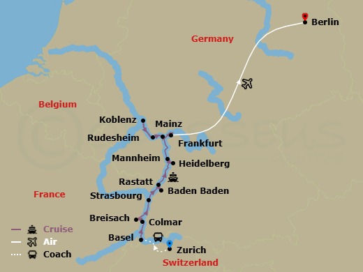 10 Night - The Majestic Rhine & Berlin - Emerald Astra - Starting in Zurich / Basel (Breisach), Breisach / Colmar, Strasbourg, Rastatt (Baden-Baden), Mannheim (Heidelberg), Koblenz, Rudesheim, Mainz / Frankfurt / Berlin, Berlin itinerary map
