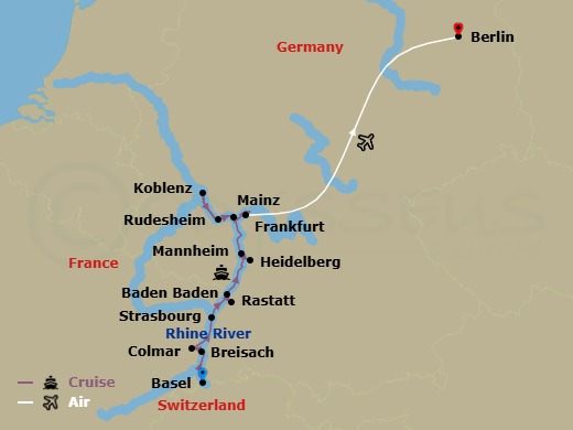 10 Night - The Majestic Rhine & Berlin - Emerald Astra - Starting in Basel (Breisach), Breisach / Colmar, Strasbourg, Rastatt (Baden-Baden), Mannheim (Heidelberg), Koblenz, Rudesheim, Mainz / Frankfurt / Berlin, Berlin itinerary map