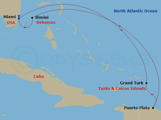 6 Night - Grand Turk, Puerto Plata & Bimini - Valiant Lady - Starting in Miami, Florida, Grand Turk, Turks and Caicos, Puerto Plata, Dominican Republic, The Beach Club at Bimini, Bahamas, Miami, Florida itinerary map