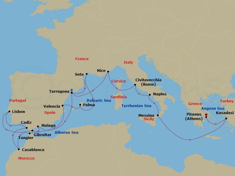 22 Night - Grand Mediterranean Discovery - Celestyal Discovery - Starting in Tarragona, Spain, Malaga, Spain, Gibraltar, Casablanca, Morocco, Cadiz, Spain, Lisbon, Portugal, Tangier, Morocco, Valencia, Spain, Palma De Mallorca, Spain, Sete, France, Tarragona, Spain, Nice, France, Civitavecchia, Italy, Napoli, Italy, Messina, Italy, Kusadasi, Piraeus, Athens itinerary map