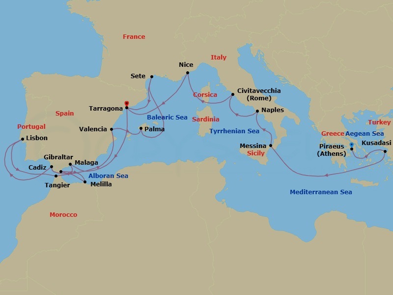 22 Night - Grand Mediterranean Discovery - Featuring Melilla - Celestyal Discovery - Starting in Piraeus, Athens, Kusadasi, Messina, Italy, Napoli, Italy, Civitavecchia, Italy, Nice, France, Tarragona, Spain, Malaga, Spain, Gibraltar, Melilla, Spain, Cadiz, Spain, Lisbon, Portugal, Tangier, Morocco, Valencia, Spain, Palma De Mallorca, Spain, Sete, France, Tarragona, Spain itinerary map