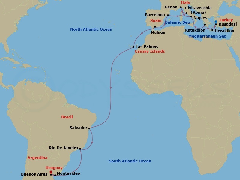 25 Night - MSC Grand Voyages - MSC Splendida - Starting in Kusadasi, Turkey, Heraklion (Crete), Greece, Katakolon (Olympia), Greece, Naples (Pompeii), Italy, Genoa (Portofino), Italy, Civitavecchia (Rome), Italy, Barcelona, Spain, Malaga (Granada), Spain, Las Palmas de Gran Canaria (Canary Islands), Spain, Salvador, Brazil, Rio De Janeiro, Brazil, Montevideo, Uruguay, Buenos Aires, Argentina itinerary map