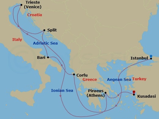 8 Night - Mediterranean - MSC Splendida - Starting in Istanbul, Turkey, Corfu, Greece, Bari, Italy, Trieste (Venice), Italy, Split, Croatia, Piraeus (Athens), Greece, Kusadasi, Turkey itinerary map