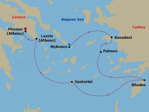 4 Night - Iconic Greek Islands - (Mar & Nov) - Celestyal Discovery - Starting in Lavrion, Athens, Mykonos, Kusadasi, Patmos, Rhodes, Santorini, Piraeus, Athens itinerary map