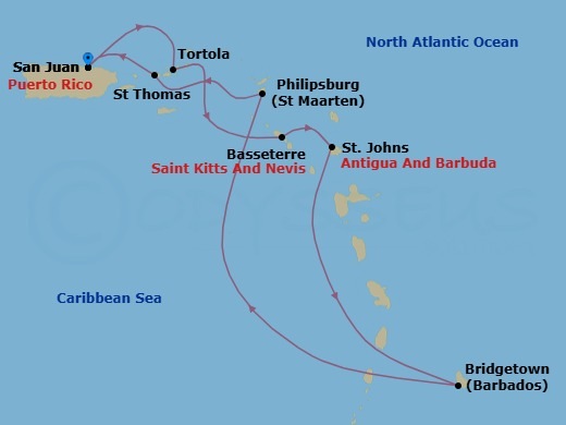 7 Night - Southern Caribbean - San Juan - Norwegian Prima - Starting in San Juan, Pr, Tortola, British Virgin Islands, Basseterre, Saint Kitts / Nevis, St Johns AG, Antigua, Bridgetown, Barbados, Philipsburg, St Maarten, Netherland Antilles, St Thomas, Vi, San Juan, Pr itinerary map