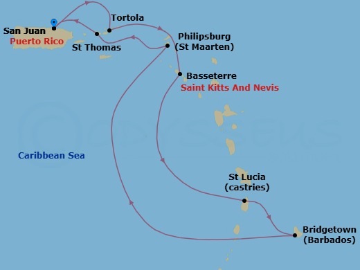 7 Night - Southern Caribbean - San Juan - Norwegian Prima - Starting in San Juan, Pr, Tortola, British Virgin Islands, Basseterre, Saint Kitts / Nevis, St Lucia, Saint Lucia, Bridgetown, Barbados, Philipsburg, St Maarten, Netherland Antilles, St Thomas, Vi, San Juan, Pr itinerary map
