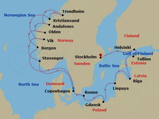 17 Night - Northern Europe from Copenhagen to Stockholm - Silver Dawn - Starting in Copenhagen, Bergen, Olden, Andalsnes, Trondheim, Kristiansund, Vik, Stavanger, Copenhagen, Ronne, Gdansk, Liepaja, Riga, Tallinn, Helsinki, Stockholm itinerary map