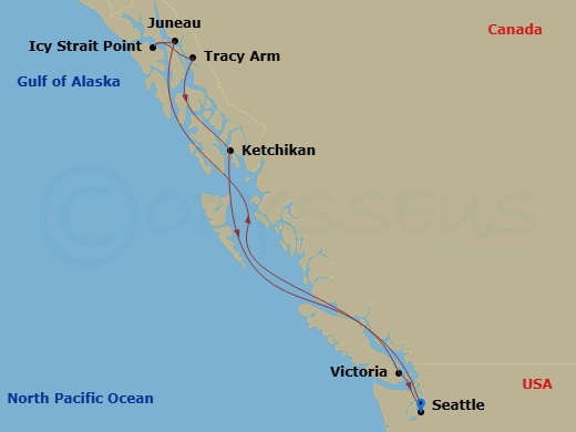 7 Night - Alaska - MSC Poesia - Starting in Seattle, Washington, Juneau, Alaska, Icy Strait Point, Alaska, Cruising Tracy Arm Fjord, Alaska, Ketchikan, Alaska, Victoria CA, Canada, Seattle, Washington itinerary map