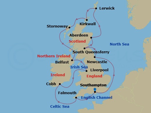12 Night - Celtic Dreams - Oceania Marina - Starting in London (Southampton), Newcastle UK, Edinburgh (South Queensferry), Aberdeen, Lerwick (Shetland Islands), Kirkwall (Orkney Islands), Stornoway (Hebrides), Belfast, Liverpool, Cork (Cobh), Falmouth (Cornwall), London (Southampton) itinerary map