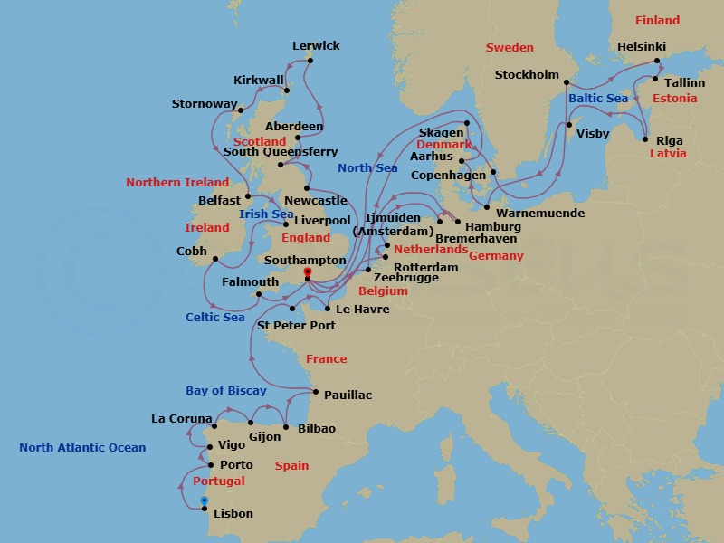43 Night - Wonders of Western Europe - Oceania Marina - Starting in Lisbon, Oporto, Santiago De Compostela (Vigo), La Coruna, Gijon, Spain, Bilbao, Bordeaux (Pauillac), St Peter Port, Guernsey, Paris (Le Havre), Rotterdam, Ijmuiden, Hamburg (Bremerhaven), Hamburg, Bruges (Zeebrugge), London (Southampton), Newcastle UK, Edinburgh (South Queensferry), Aberdeen, Lerwick (Shetland Islands), Kirkwall (Orkney Islands), Stornoway (Hebrides), Belfast, Liverpool, Cork (Cobh), Falmouth (Cornwall), London (Southampton), Skagen, Copenhagen, Stockholm, Helsinki, Tallinn, Riga, Visby, Sweden, Berlin (Warnemunde), Aarhus, London (Southampton) itinerary map