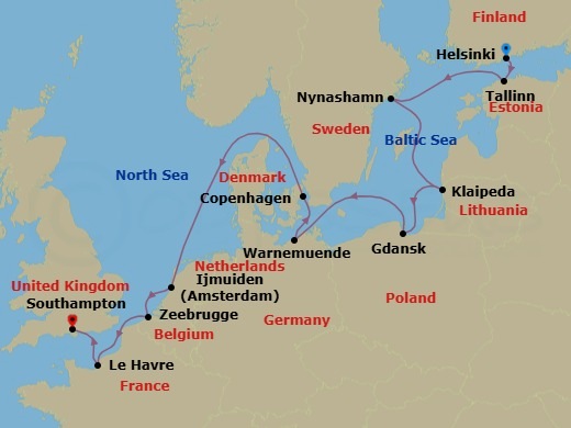 11 Night - Europe - Baltic - Norwegian Prima - Starting in Helsinki, Finland, Tallinn, Estonia, Nynashamn / Stockholm, Sweden, Klaipeda, Lithuania, Gdynia / Gdansk, Poland, Warnemunde / Berlin, Germany, Copenhagen, Denmark, Amsterdam / Ijmuiden, Netherlands, Zeebrugge / Brussels / Brugge, Belgium, Le Havre / Paris, France, London (Southampton), United Kingdom itinerary map