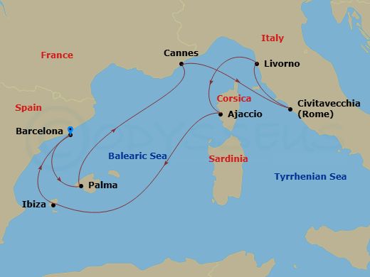 9 Night - Italy, France, Spain & Ibiza Overnight - Scarlet Lady - Starting in Barcelona, Spain, Palma De Mallorca, Spain, Cannes, France, Rome (Civitavecchia), Italy, Florence / Pisa (Livorno), Italy, Ajaccio, Corsica, France, Ibiza, Spain, Barcelona, Spain itinerary map