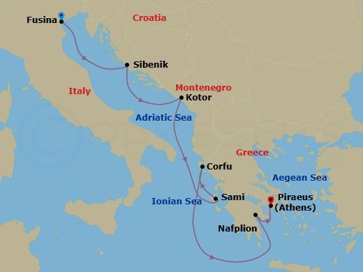 7 Night - Adriatic & Grecian Gems - Seabourn Quest - Starting in Fusina (Venice), Italy, Vodice (Sibenik), Croatia, Kotor, Montenegro, Scenic cruising Bay of Kotor, Sami, Cephalonia, Greece, Corfu, Greece, Nafplion, Greece, Piraeus (Athens), Greece itinerary map