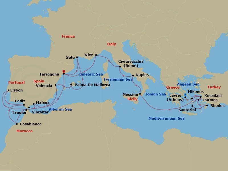 26 Night - Combination Cruise Athens to Tarragona - Celestyal Discovery - Starting in Lavrion, Athens, Mykonos, Kusadasi, Patmos, Rhodes, Santorini, Piraeus, Athens, Kusadasi, Messina, Italy, Napoli, Italy, Civitavecchia, Italy, Nice, France, Tarragona, Spain, Malaga, Spain, Gibraltar, Casablanca, Morocco, Cadiz, Spain, Lisbon, Portugal, Tangier, Morocco, Valencia, Spain, Palma De Mallorca, Spain, Sete, France, Tarragona, Spain itinerary map