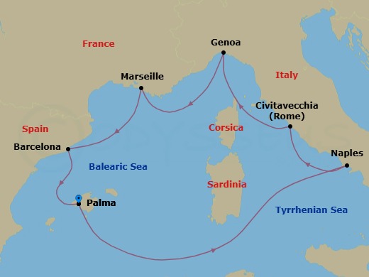 7 Night - Western Mediterranean Roundtrip from Palma De Mallorca - Costa Toscana - Starting in Palma De Mallorca, Naples, Civitavecchia (Rome), Genoa (Portofino), Marseille, Barcelona, Palma De Mallorca itinerary map