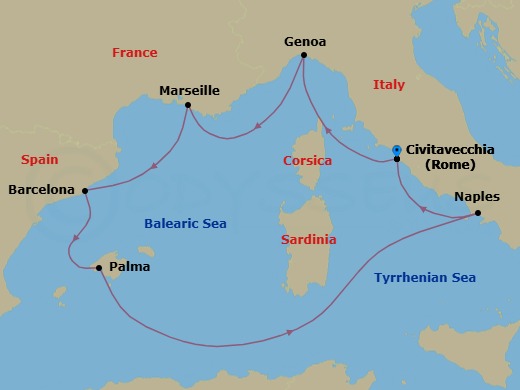 7 Night - Western Mediterranean from Civitavecchia - Costa Toscana - Starting in Civitavecchia (Rome), Genoa (Portofino), Marseille, Barcelona, Palma De Mallorca, Naples, Civitavecchia (Rome) itinerary map