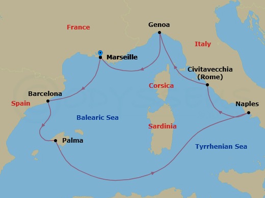 7 Night - Western Mediterranean from Marseille - Costa Toscana - Starting in Marseille, Barcelona, Palma De Mallorca, Naples, Civitavecchia (Rome), Genoa (Portofino), Marseille itinerary map