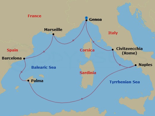 7 Night - Western Mediterranean from Genova - Costa Toscana - Starting in Genoa (Portofino), Marseille, Barcelona, Palma De Mallorca, Naples, Civitavecchia (Rome), Genoa (Portofino) itinerary map