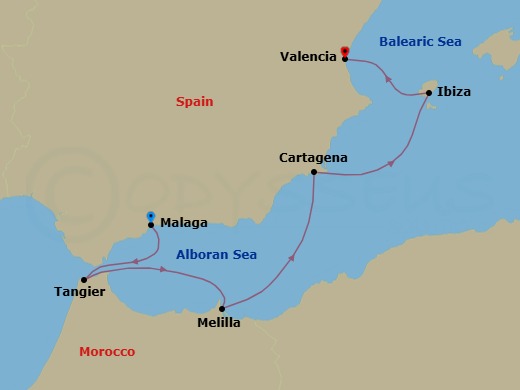 5 Night - Iberian Peninsula, Balearic Islands and Moroccan Shores - L'Austral - Starting in Malaga, Tangier, Melilla, Cartagena ES, Ibiza, Balearic Islands, Valencia itinerary map