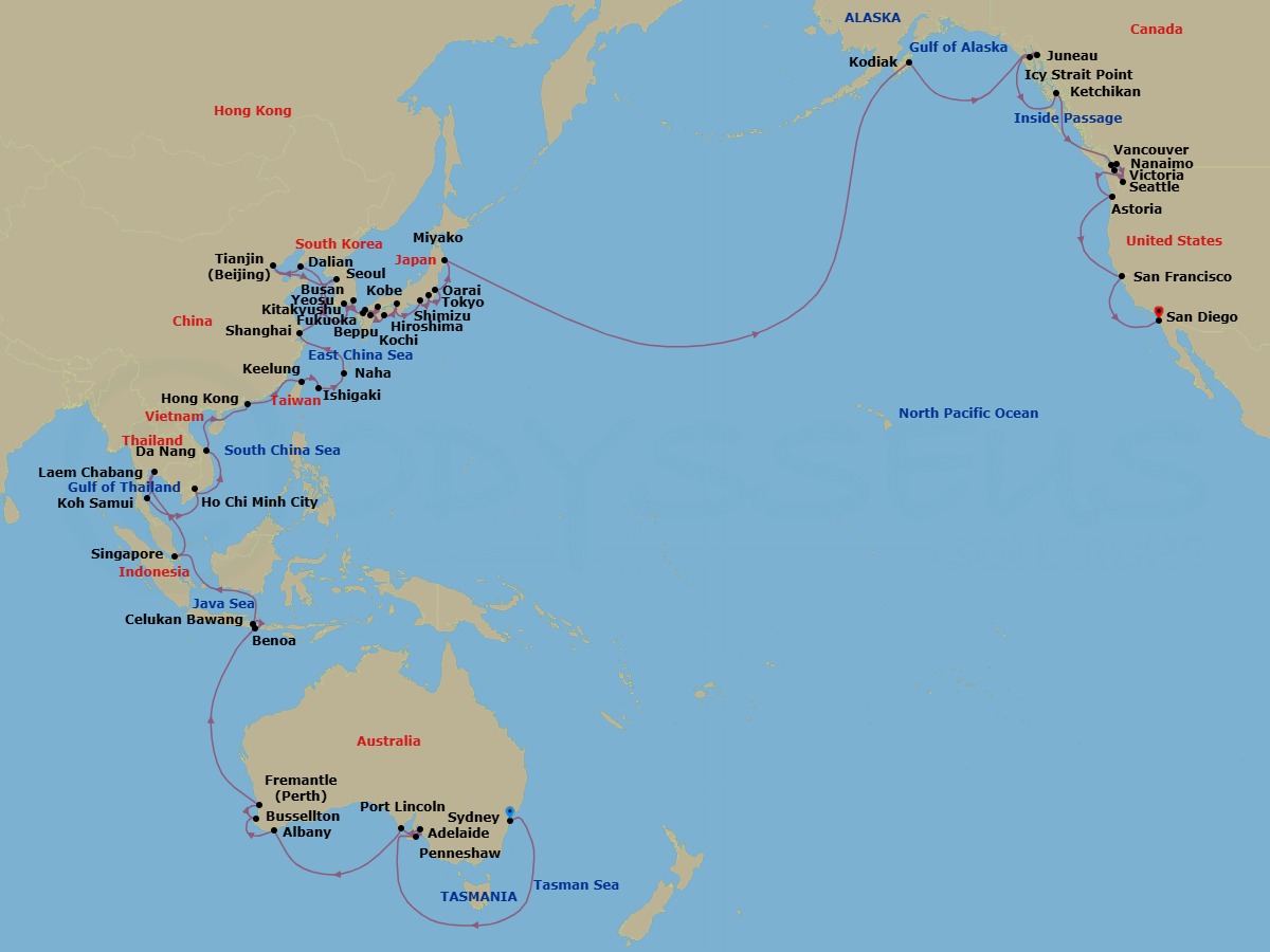 91 Night - Sydney to San Diego Grand Voyage - Azamara Quest - Starting in Sydney AU, Kangaroo Island (Penneshaw), Adelaide, Port Lincoln, Albany AU, Margaret River (Busselton), Perth (Fremantle), Benoa, Bali, Celukan, Bawang, Bali, Singapore, Bangkok (Laem Chabang), Koh Samui, Ho Chi Minh City, Hue (Da Nang), Ha Long Bay, Hong Kong, Taipei (Keelung), Ishigaki, Naha, Okinawa, Shanghai, Dalian, Beijing (Tianjin), Seoul (Incheon), Yeosu, Busan, Fukuoka, Kitakyushu, Hiroshima, Beppu, Kochi, Kobe, Mount Fuji (Shimizu), Tokyo, Oarai, Miyako, Iwate, Cross International Dateline West, Kodiak, Alaska, Juneau, Alaska, Icy Strait Point, Alaska, Ketchikan (Ward Cove), Alaska, Nanaimo, British Columbia, Vancouver, British Columbia, Seattle, Victoria CA, Canada, Astoria, Oregon, San Francisco, California, San Diego itinerary map
