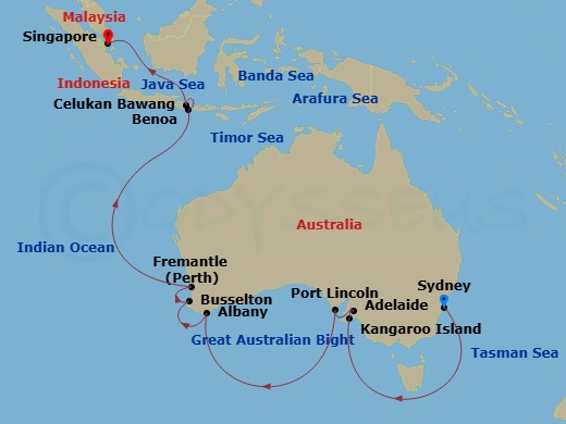 20 Night - Australia & Bali Cruise : Sydney, Kangaroo Island & Singapore - Azamara Quest - Starting in Sydney AU, Kangaroo Island (Penneshaw), Adelaide, Port Lincoln, Albany AU, Margaret River (Busselton), Perth (Fremantle), Benoa, Bali, Celukan, Bawang, Bali, Singapore itinerary map