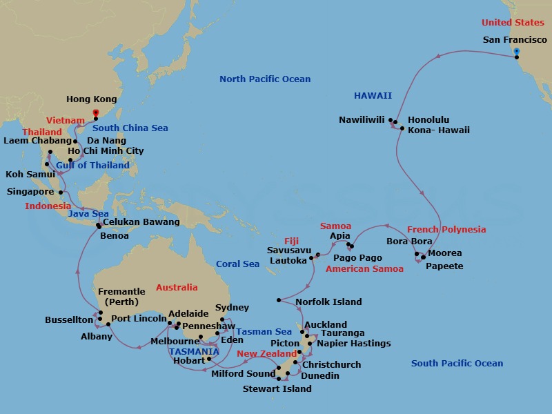 87 Night - San Francisco to Hong Kong Grand Voyage - Azamara Quest - Starting in San Francisco, California, Honolulu, Oahu, Hawaii, Nawiliwili, Kauai, Hawaii, Kailua-kona, Hawaii, Moorea, Bora Bora, Papeete, Tahiti, Bora Bora, Pago Pago, Cross International Dateline West, Apia, Savusavu, Lautoka, Norfolk Island, Auckland, Tauranga, Napier, Picton, Christchurch, Dunedin, Stewart Island, Milford Sound, Hobart, Tasmania, Melbourne, Eden, Sydney AU, Kangaroo Island (Penneshaw), Adelaide, Port Lincoln, Albany AU, Margaret River (Busselton), Perth (Fremantle), Benoa, Bali, Celukan, Bawang, Bali, Singapore, Bangkok (Laem Chabang), Koh Samui, Ho Chi Minh City, Hue (Da Nang), Ha Long Bay, Hong Kong itinerary map