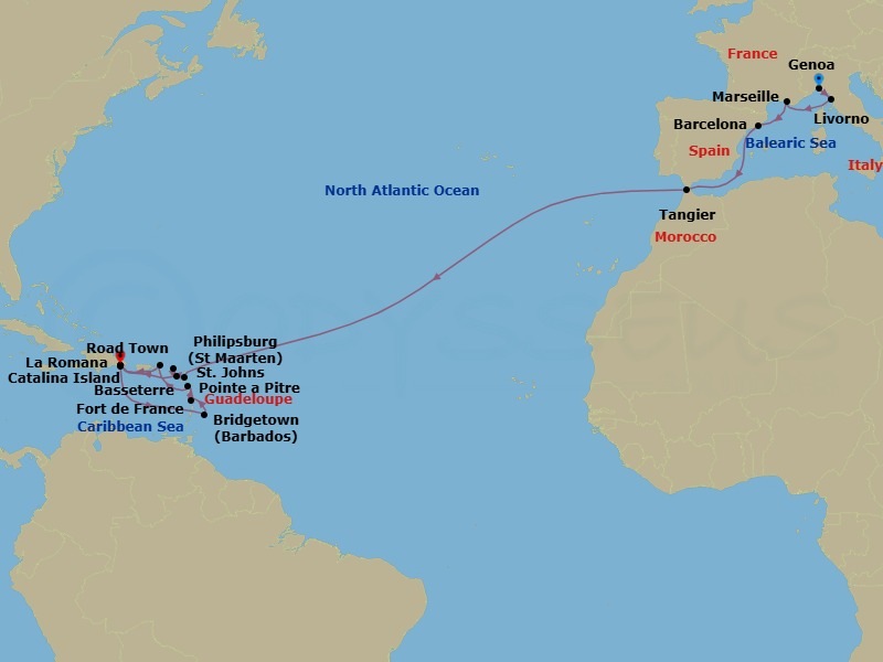 24 Night - Msc Grand Voyages - MSC Opera - Starting in Genoa (Portofino), Italy, Livorno (Florence), Italy, Marseille (Provence), France, Barcelona, Spain, Tangier (Tetouan), Morocco, St Johns AG, Antigua, Philipsburg, St Maarten, Basseterre, St Kitts and Nevis, La Romana, Dominican Republic, Catalina Island, Dominican Republic, Bridgetown, Barbados, Fort-de-France, Martinique, Pointe-A-Pitre, Guadeloupe, Road Town (Tortola), British Virgin Islands, La Romana, Dominican Republic itinerary map